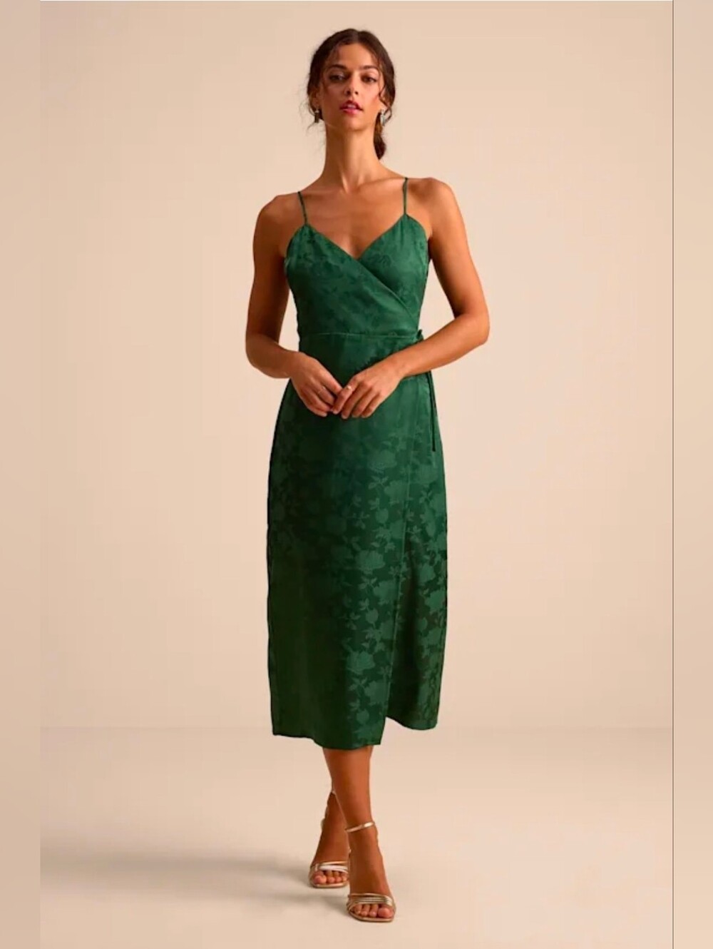 Katherine Emerald Floral Jacquard Wrap Midi Dress, Size M